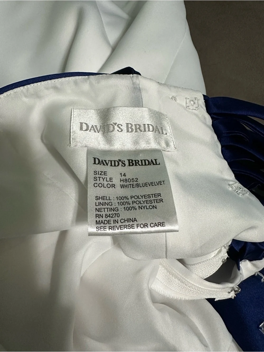 David's Bridal White Satin with Royal Blue Trim A-Line Formal Dress, Size 14. - Picture 8 of 9